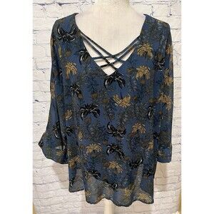 East Adeline Size 2X Multicolor Floral Print Blouse Shirt Top V-Neck Office Boho